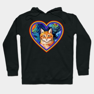 Orange Tabby Cat in a Rainbow Heart Hoodie